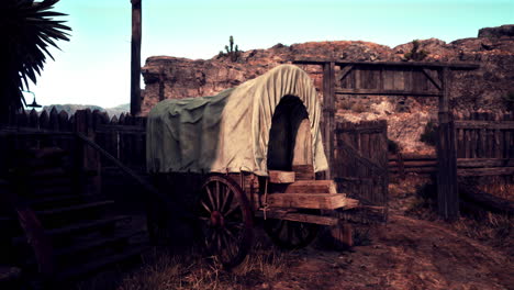 old western covered wagon in desert setting