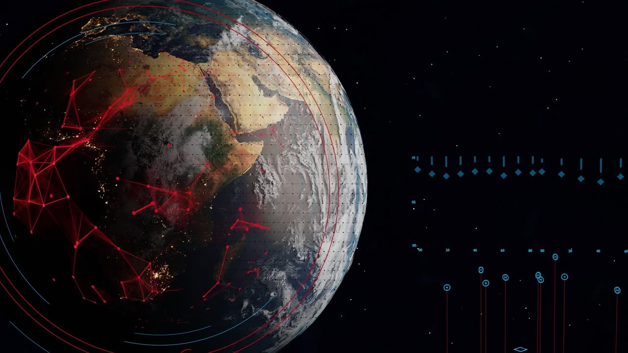 vista espacial de la tierra con conexión de red entre la capital principal y infografías que revelan el monitoreo del planeta