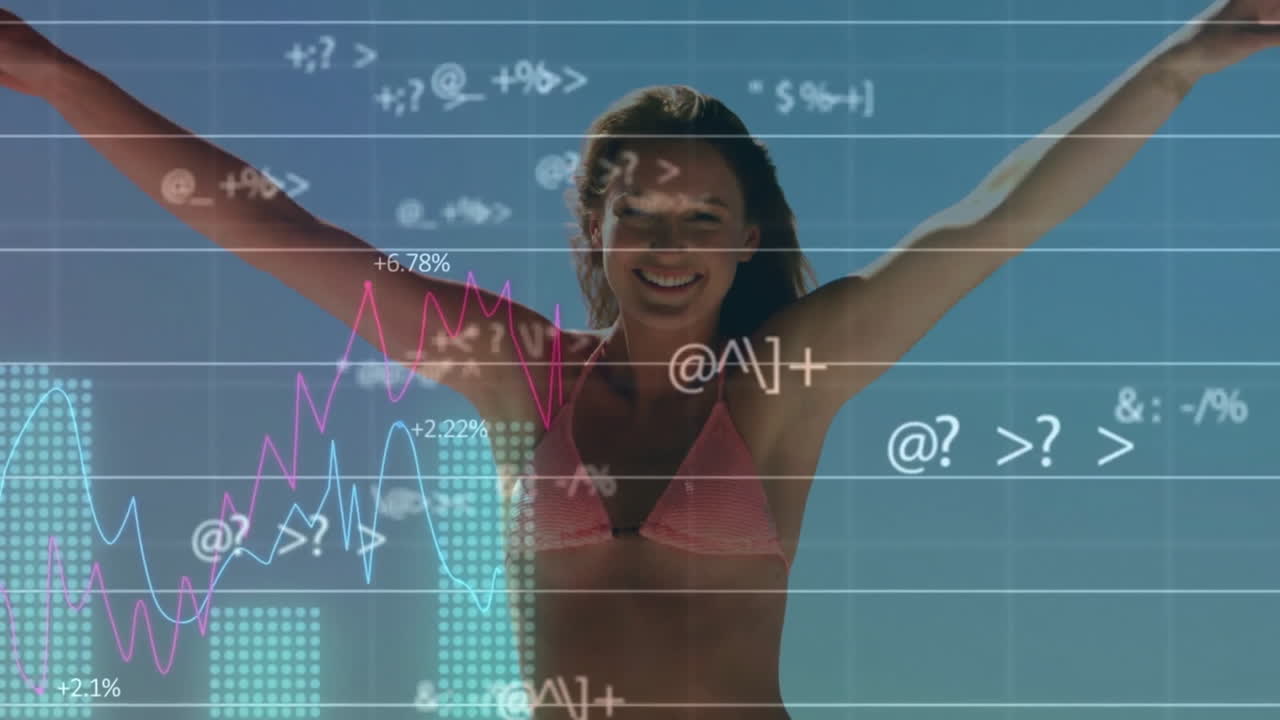 animación de procesamiento de datos financieros sobre feliz mujer caucásica en bikini en verano