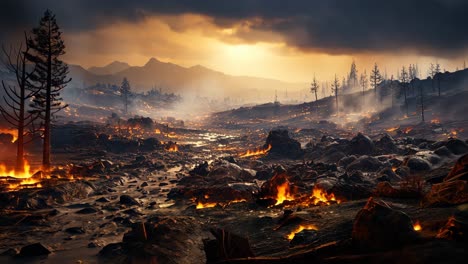 forest fire spreads across mountainous terrain during sunset