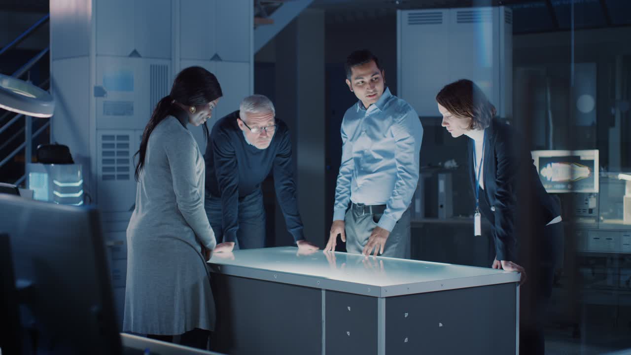 встреча профессионалов в области дизайна контента виртуальной реальности творческая лаборатория: инженеры, ученые и разработчики игровых приложений собрались вокруг освещенного интерактивного стола. специалисты разговаривают, жестикулируют.