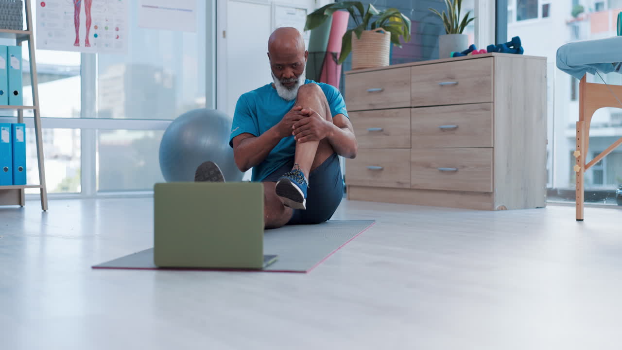 Senior black man, laptop and stretching in online