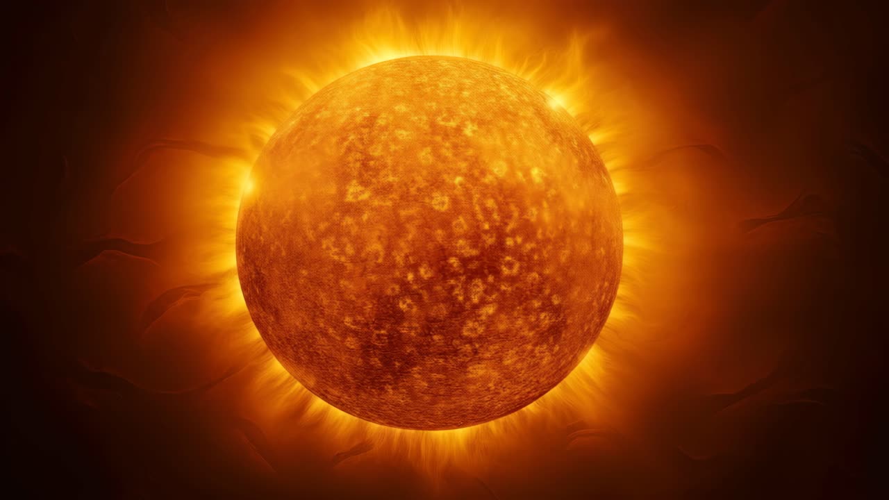 A vibrant, fiery sun captured in a close-up, high-angle shot, showcasing intense solar flares