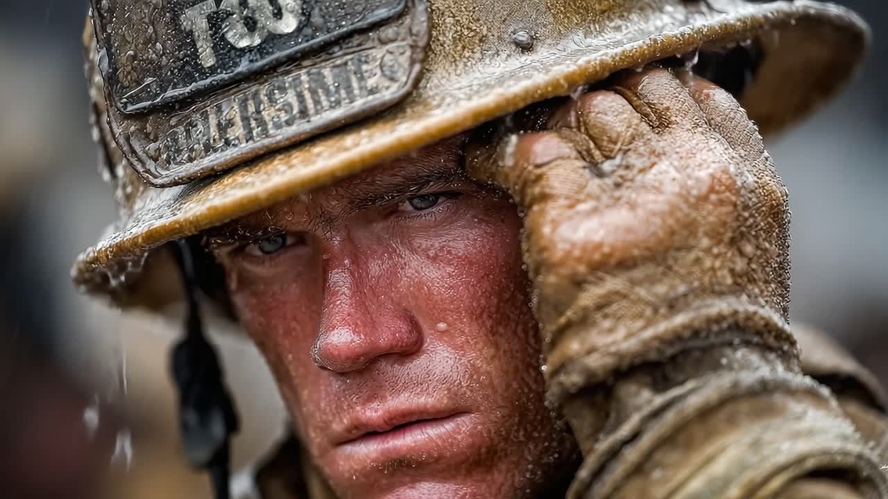 Determined Firefighter Braving the Elements: A Gritty Close-up of Commitment and Resilience in the Face of Adversity During a Challenging Rescue Mission