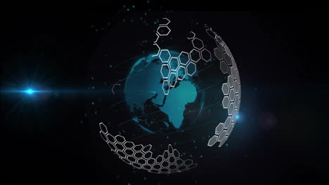 hexagonal grid animation forming over rotating globe on dark background