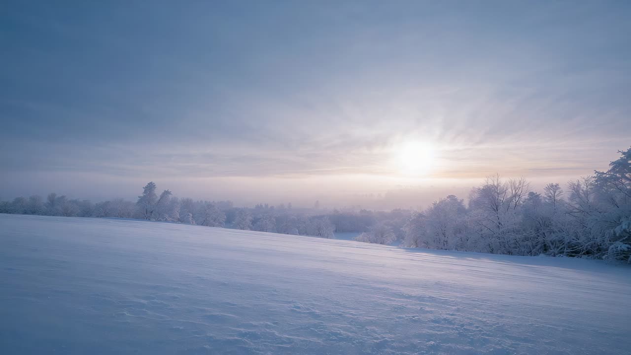 Rising sun brightening snowfield in rural plain, illuminating frost trees, low mist, thin clouds