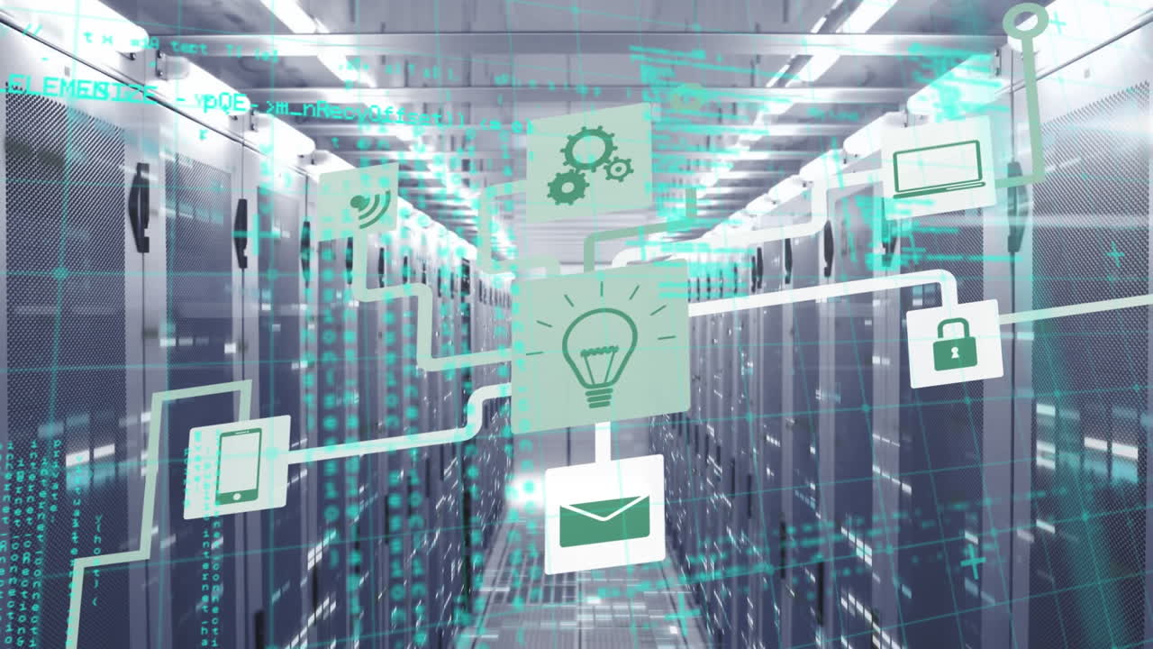 Animation of network of connections with icons and data processing over computer servers