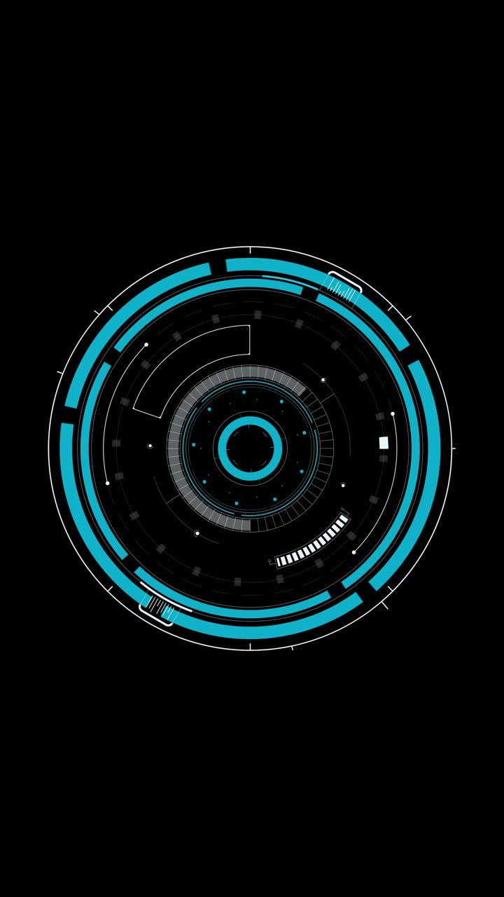 Sci-fi HUD circle interface in blue with rotating elements and copy space on black background, seamless loop