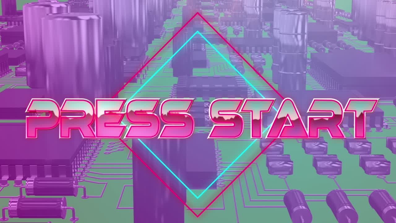 기하학적 모양과 프로세서 코어 위에 프레스 시작 텍스트의 애니메이션