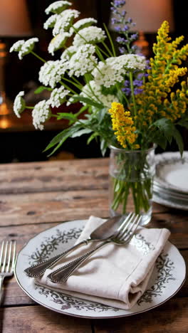 rustic table setting with floral centerpiece