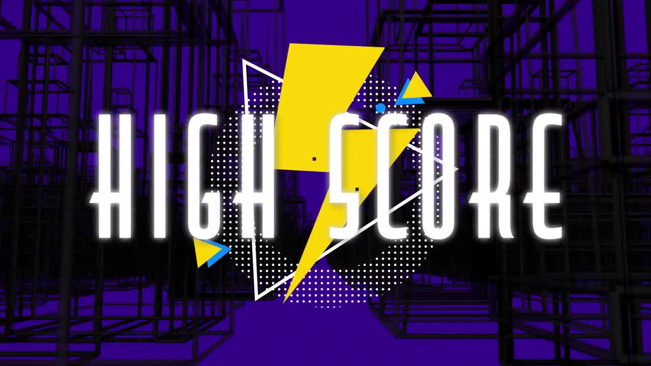 animación de texto de alta puntuación en blanco, rayo amarillo y formas sobre líneas negras en púrpura.