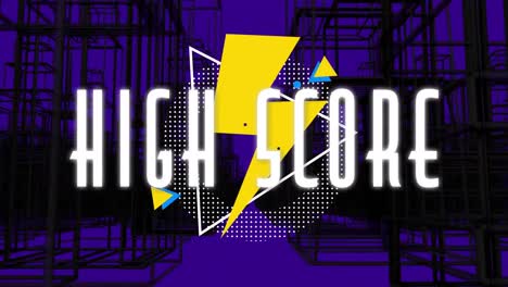 Animation-of-high-score-text-in-white,-yellow-lightning-bolt-and-shapes-over-black-lines-on-purple