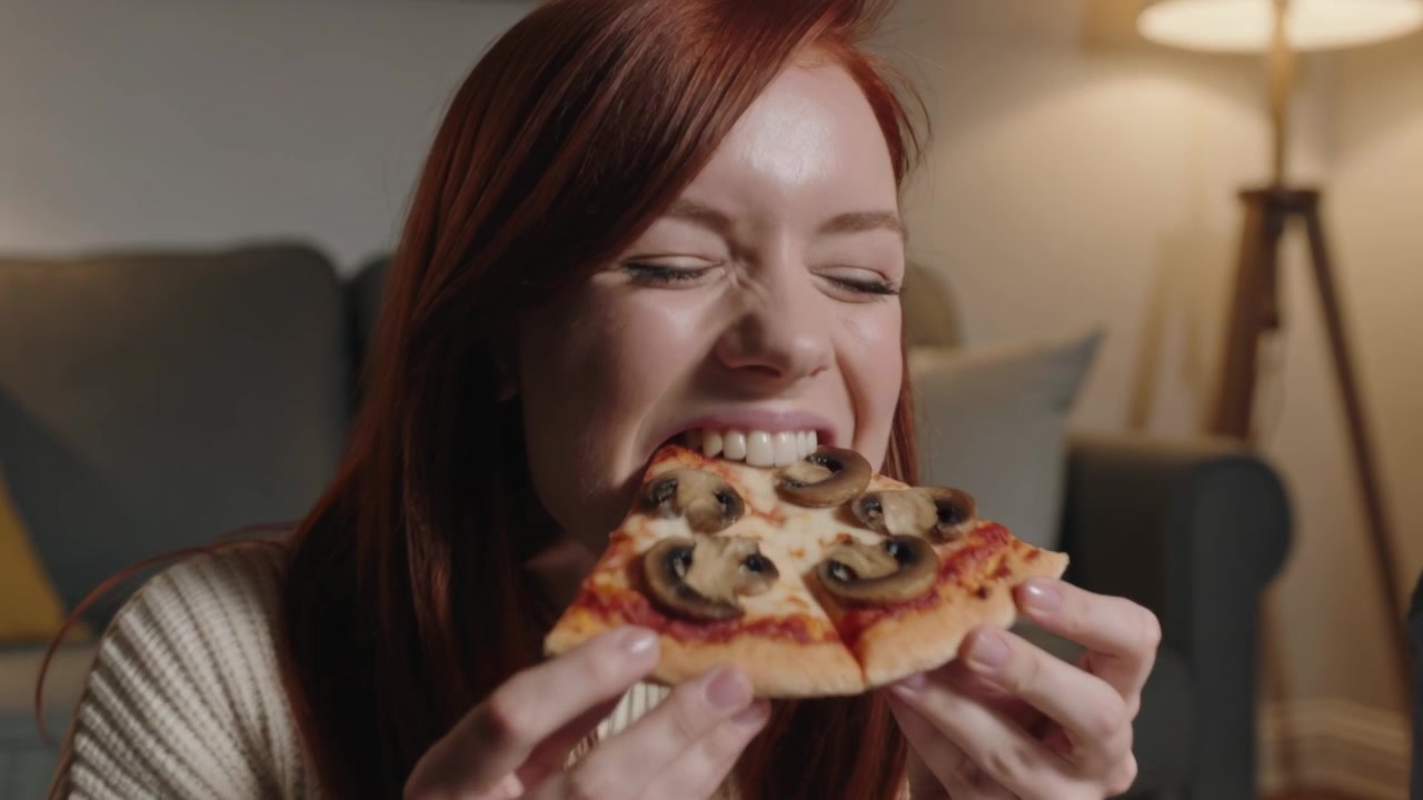 Laughing at friends' joke, redhead in cream sweater raising mushroom pizza slice, biting in lounge
