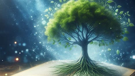 a captivating illustration features a majestic tree emerging from an open book, surrounded by magical swirls and bright lights. leaves dance around the branches, while the roots spread elegantly on the surface. the artwork combines elements of nature with whimsical design, creating a serene atmosphe