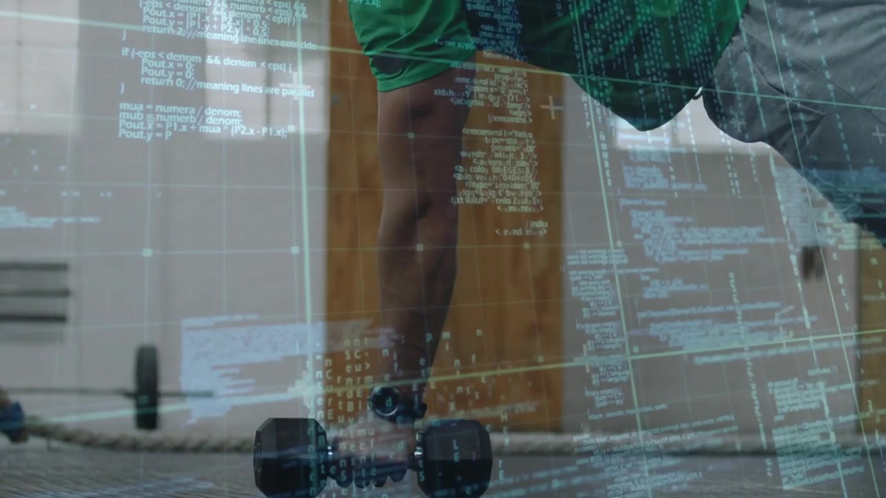 Man holding high-plank, shifting weight, stabilizing core on dumbbells, code overlay aiding fitness