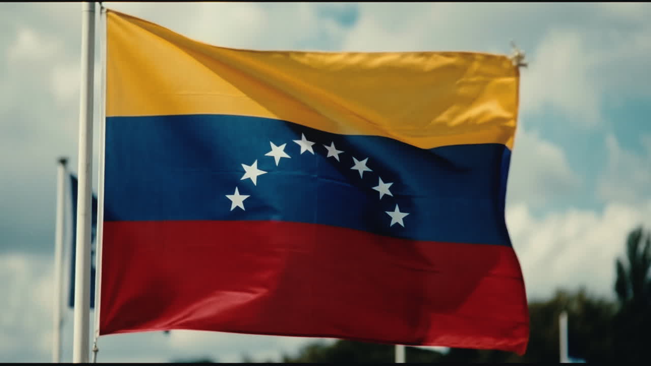 Bandeira da Venezuela tremulando ao vento contra um céu nublado