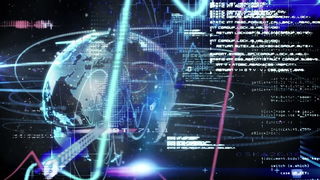 검은 바탕에 회전하는 지구상에서 움직이는 그래프와 데이터 처리의 디지털 애니메이션