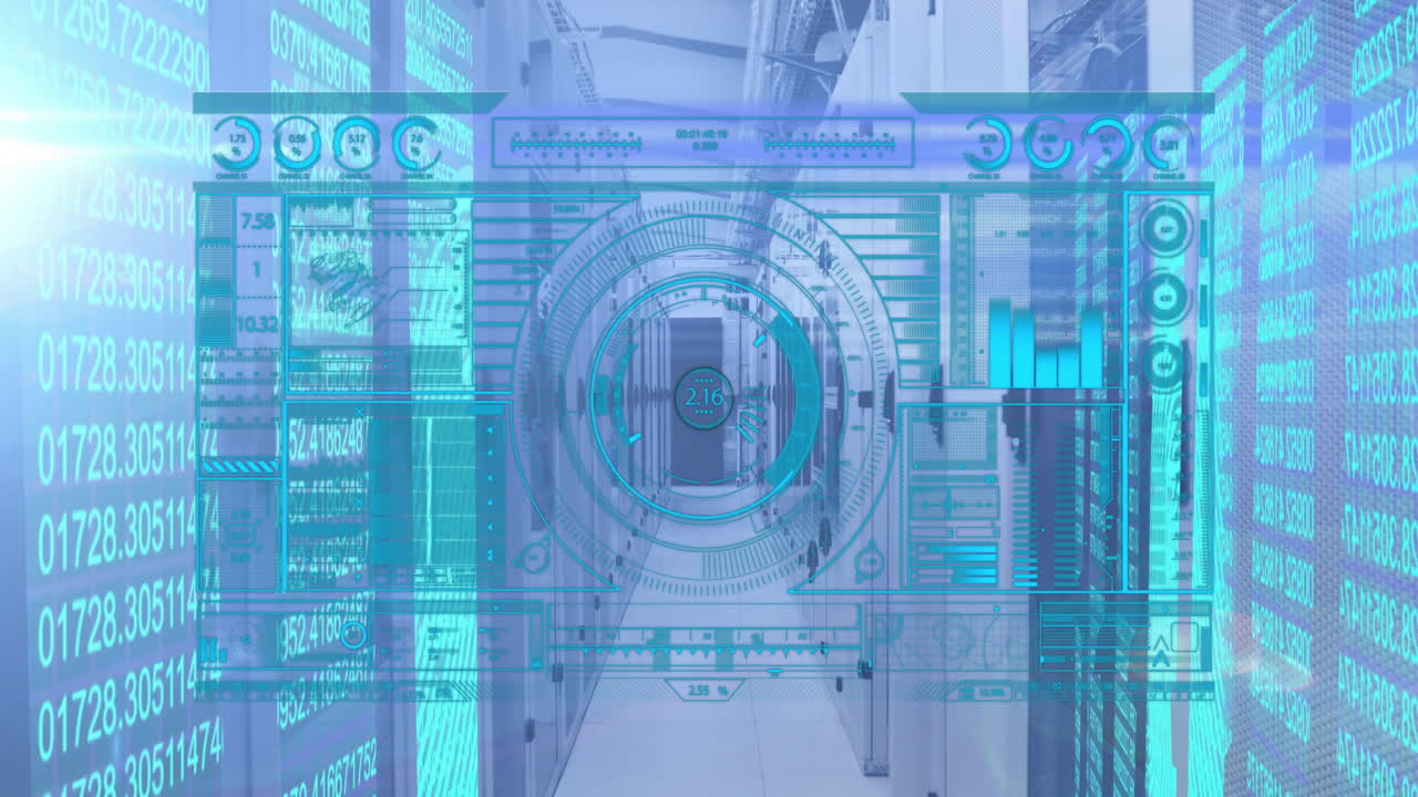 animación de procesamiento de datos digital sobre sala de servidores con interfaz futurista