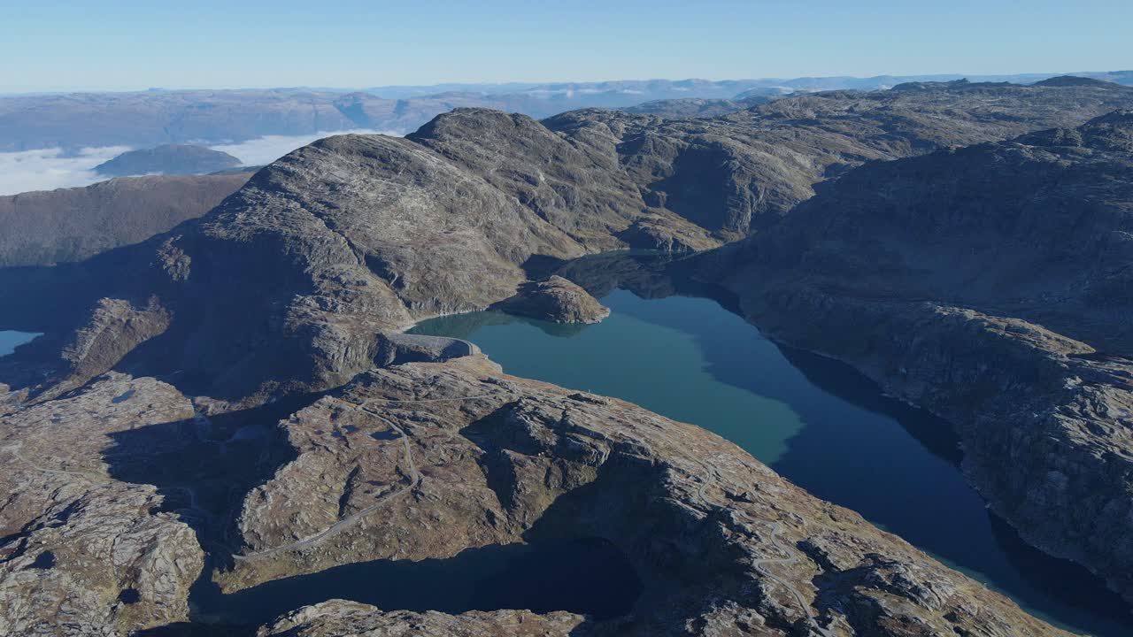 Green water glacier lake in Folgefonna National park in Norway. Drone footage
