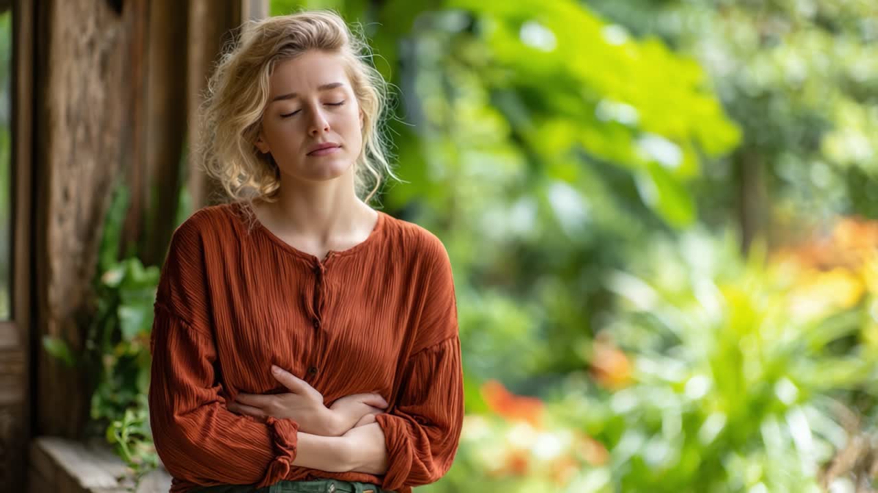 Chwila zadumy: młoda kobieta w naturalnym otoczeniu zastanawia się nad swoimi emocjami, uchwytując subtelne wyrazy kontemplacji i uczuć wśród bujnej zieleni.