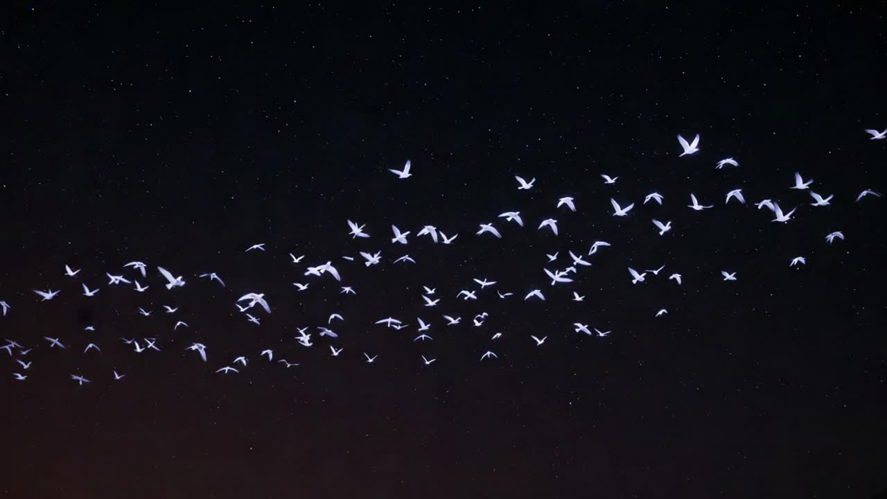 A Stunning Display of Flying Birds Against the Night Sky: Capturing the Grace and Freedom of Birds in Motion Under a Starry Background