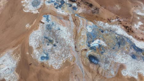 Birdseye-Aerial-View-of-Geysers-and-Hot-Springs-in-Landscape-of-Iceland,-Drone-Shot