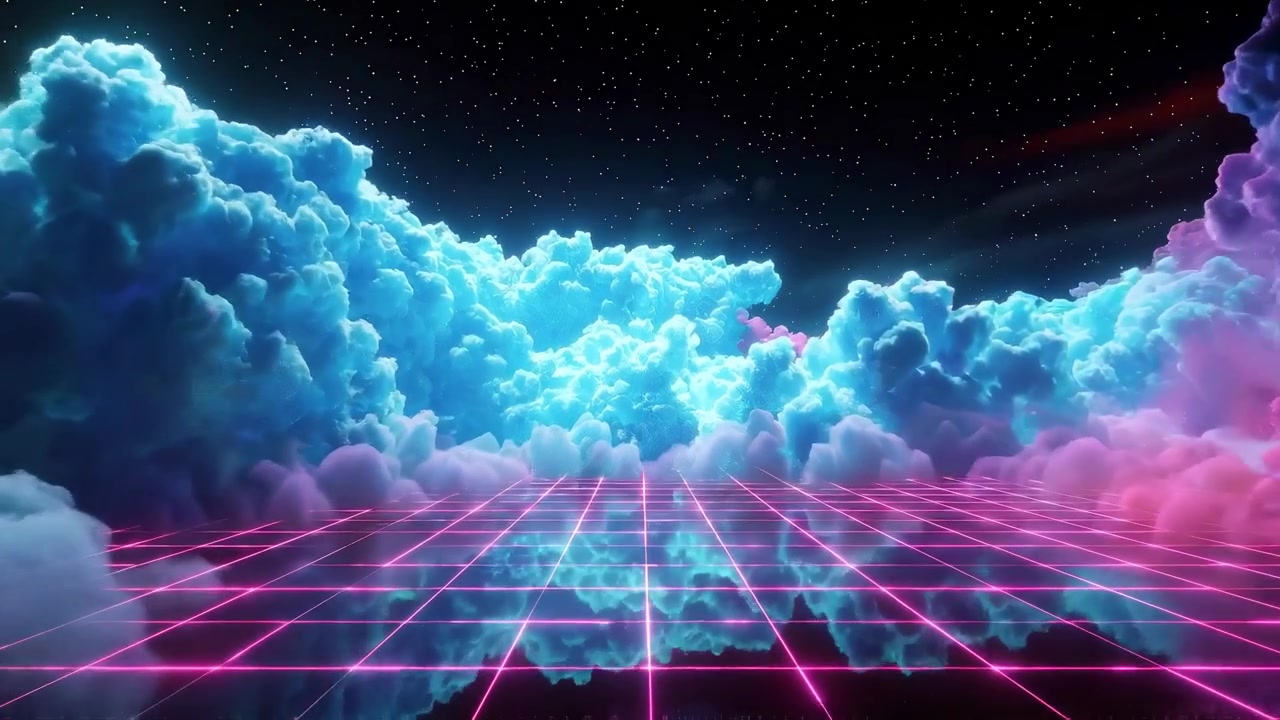 Griglia al neon futuristica che riflette nuvole vivaci in un cielo stellato
