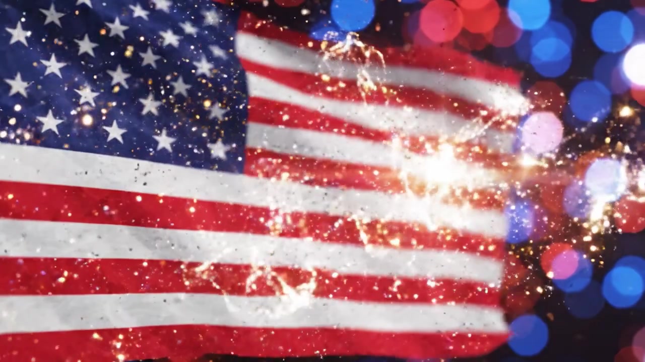 A Vibrant American Flag Unfurled, Symbolizing Patriotism Amidst a Dazzling Background of Colorful Lights and Sparkles, Capturing the Essence of Celebration and Freedom
