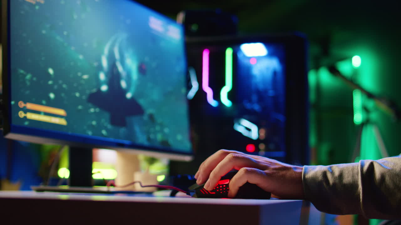 Man using gaming mouse to play entertaining videogame, flying spaceship through galaxy, close up