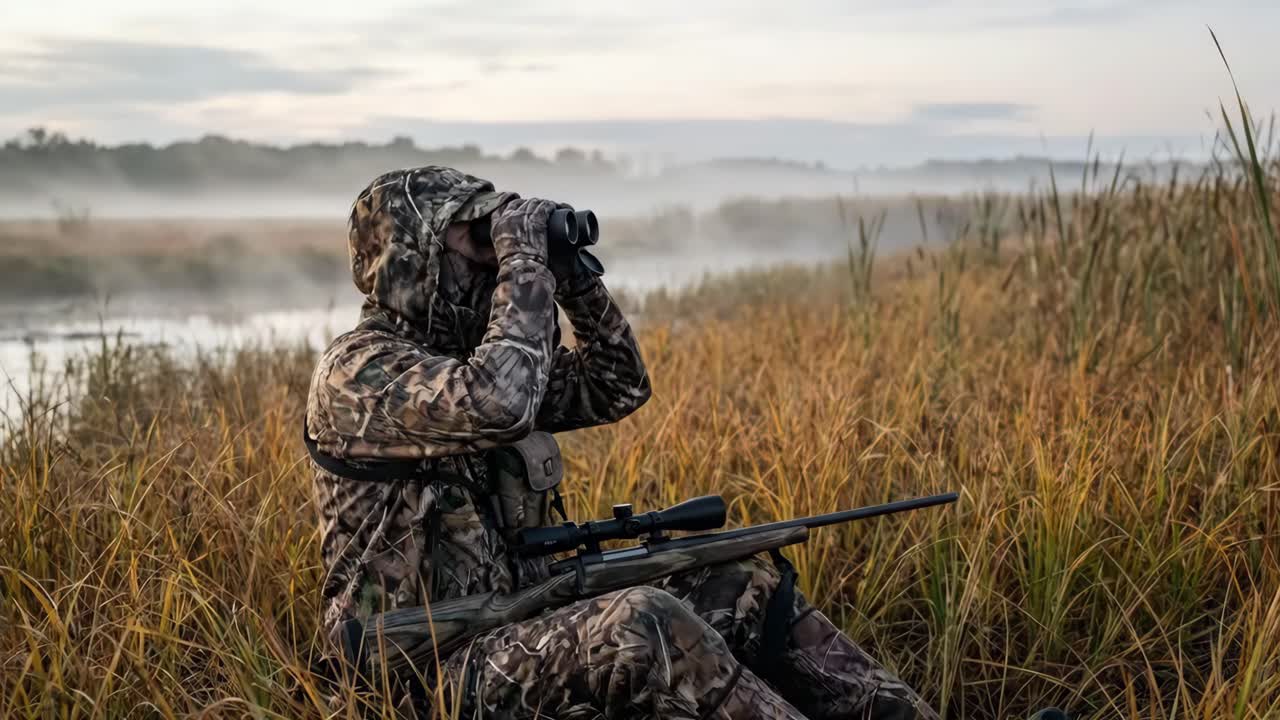 Jeger speider i tåkete våtmarksområde med kikkert og rifle