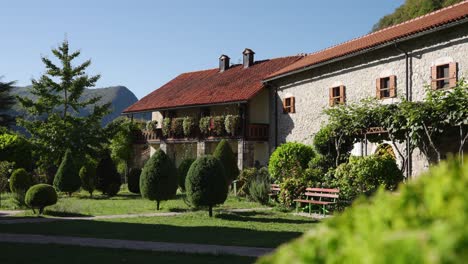 Trimmed Bushes In The Garden Of Moraca Monastery In Kolasin, Montenegro. - wide shot