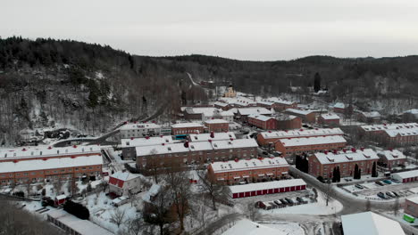 buildings in swedish neighborhood covered in snow