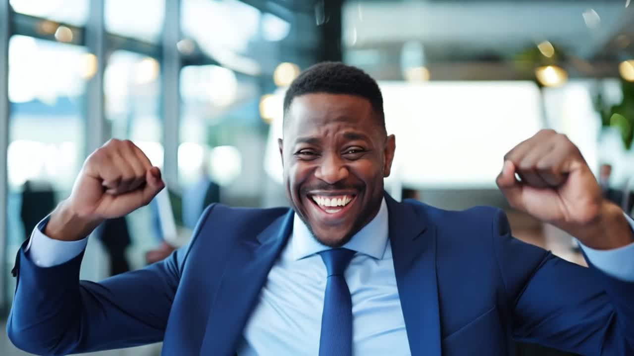 un hombre de negocios emocionado celebrando el éxito.