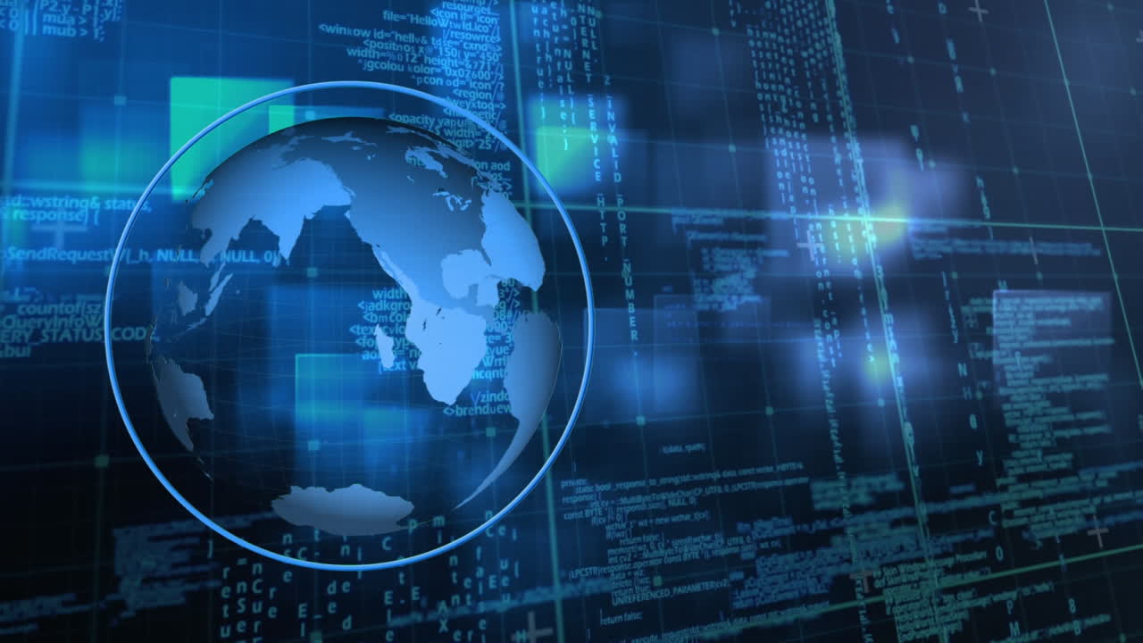 Animation of globe spinning and data processing over blue grid
