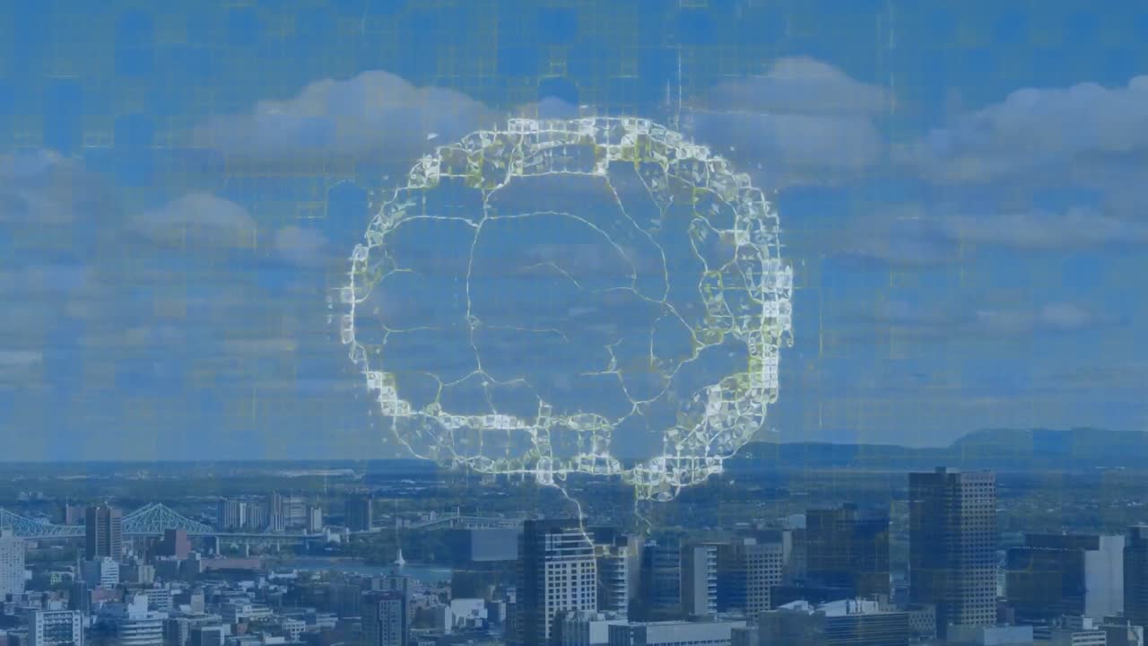 도시 풍경 위에서 회전하는 인간의 뇌의 애니메이션