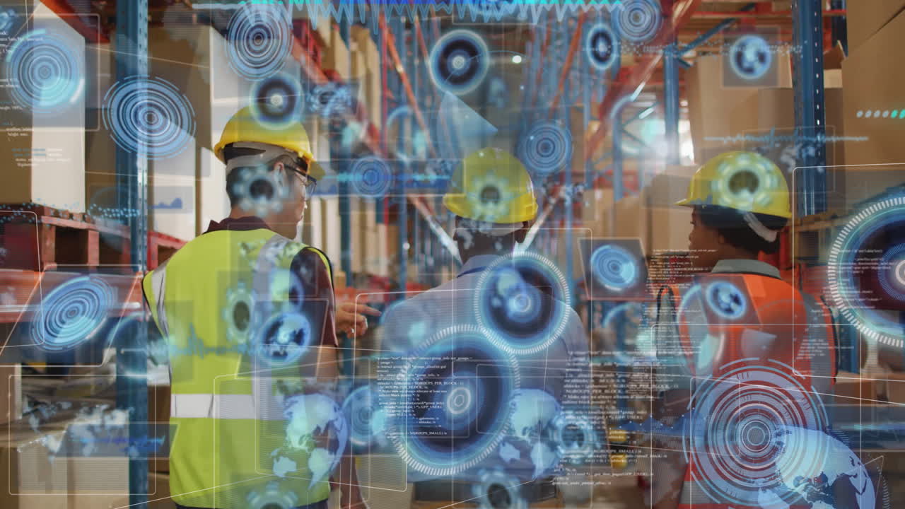 In warehouse, workers using animation with digital interface showing data processing