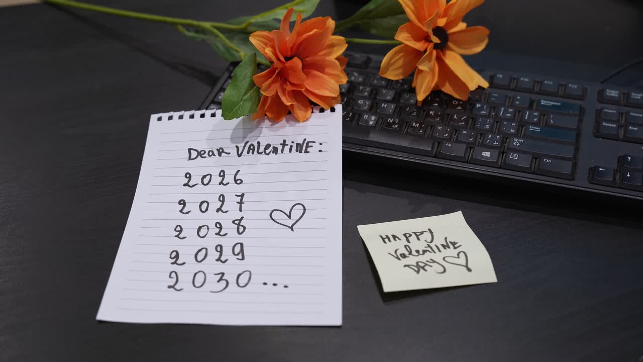 Primo piano di una mano che appoggia un bigliettino adesivo con la scritta "Buon San Valentino" su una scrivania accanto a una tastiera, fiori arancioni e un quaderno che elenca gli anni futuri, con una leggera illuminazione interna
