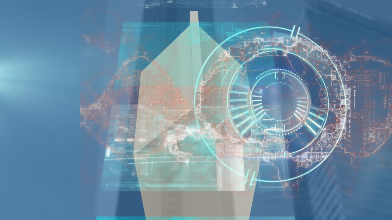 animación del cerebro humano y pantallas con procesamiento de datos y escaneo de alcance en fondo azul