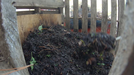 working compost in a pallet bin using a garden fork