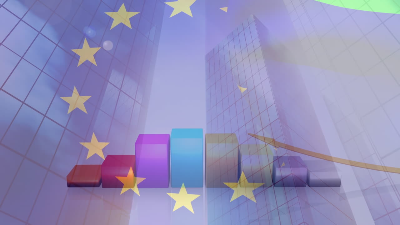 유럽 연합의  ⁇ 발이 도시 풍경 위에서 흔들리는 애니메이션