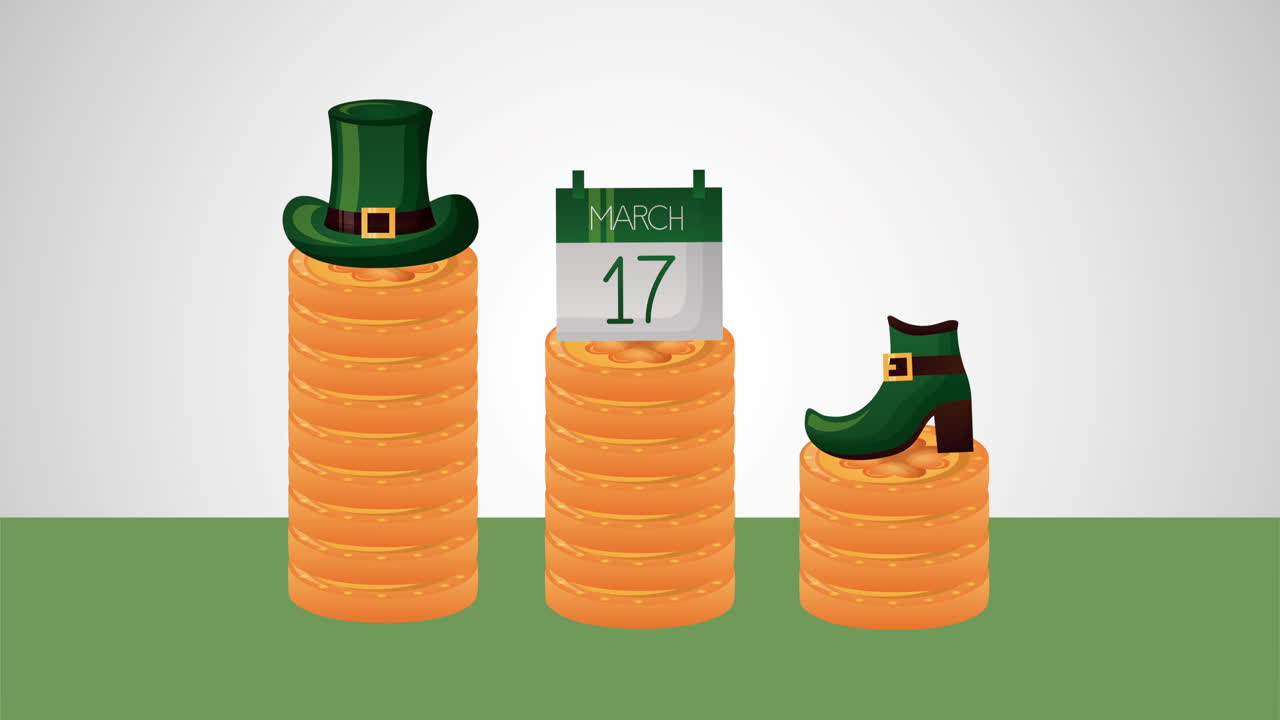 tarjeta animada del día de san patricio con monedas y iconos del tesoro