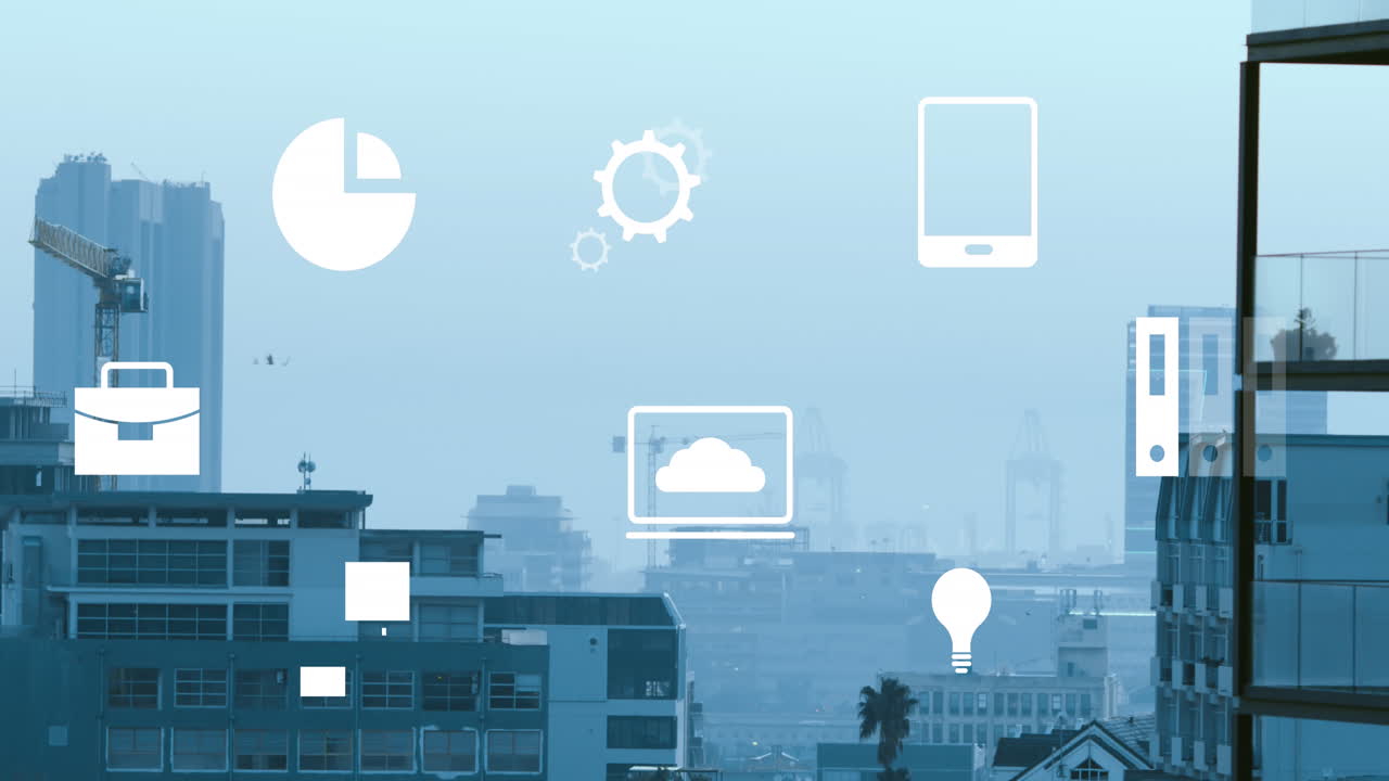 높은 건물의 공중 시야에 반하여 떠다니는 디지털 아이콘의 애니메이션