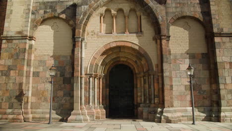 Entrance-of-Ribe-Cathedral-Church-in-Denmarks-oldest-City-against-blue-Sky