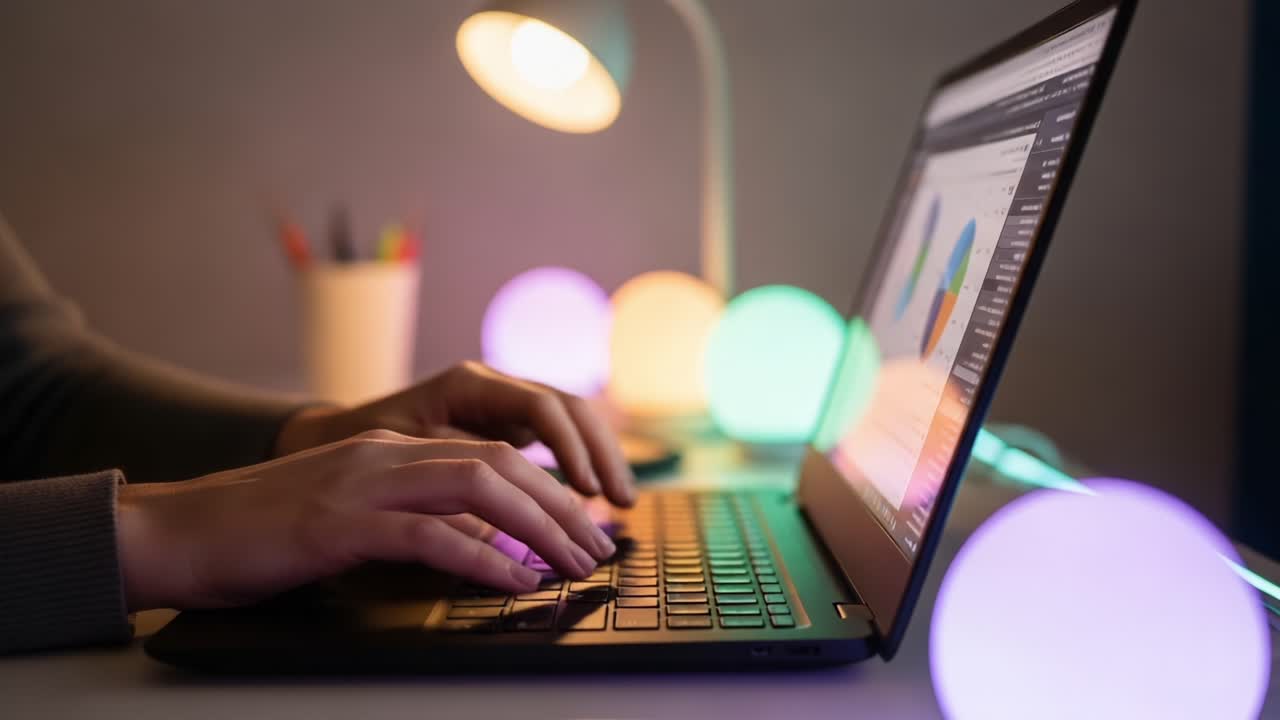 Engaging in Productive Work with a Laptop at a Modern Desk, Enhanced by Colorful Ambient Lights and a Cozy Desk Lamp for a Focused Environment
