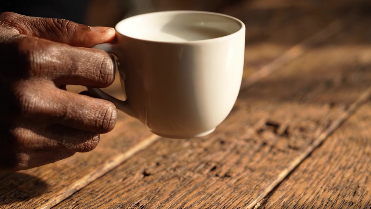 Un momento sereno: una mano si allunga verso una tazza da caffè splendidamente realizzata su un tavolo di legno rustico, circondata da una luce naturale soffusa.