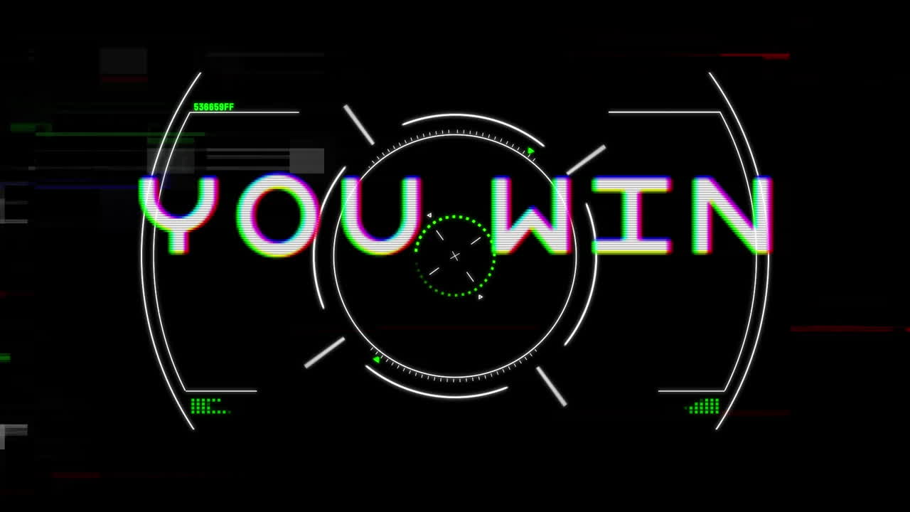 당신이 승리 텍스트의 애니메이션, 회전 안전 잠금, 회로판 및 데이터 처리, 검은색에