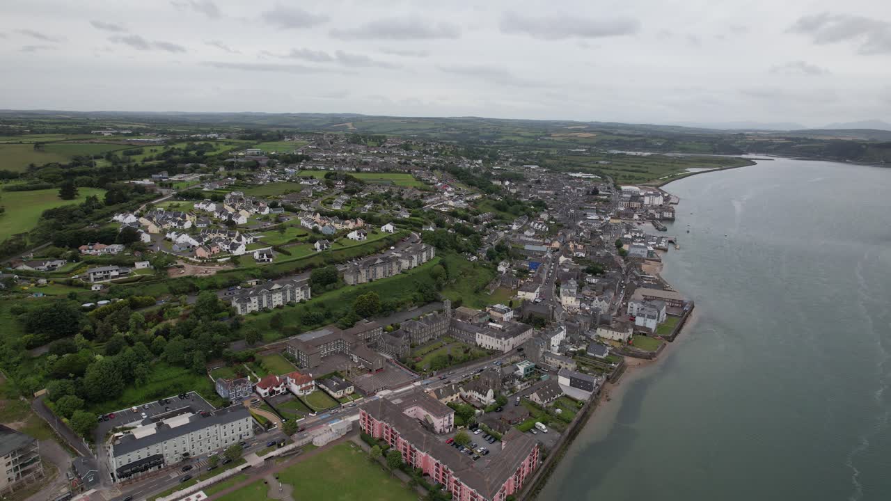 Youghal seaside resort town in County Cork, Ireland rising drone aerial view