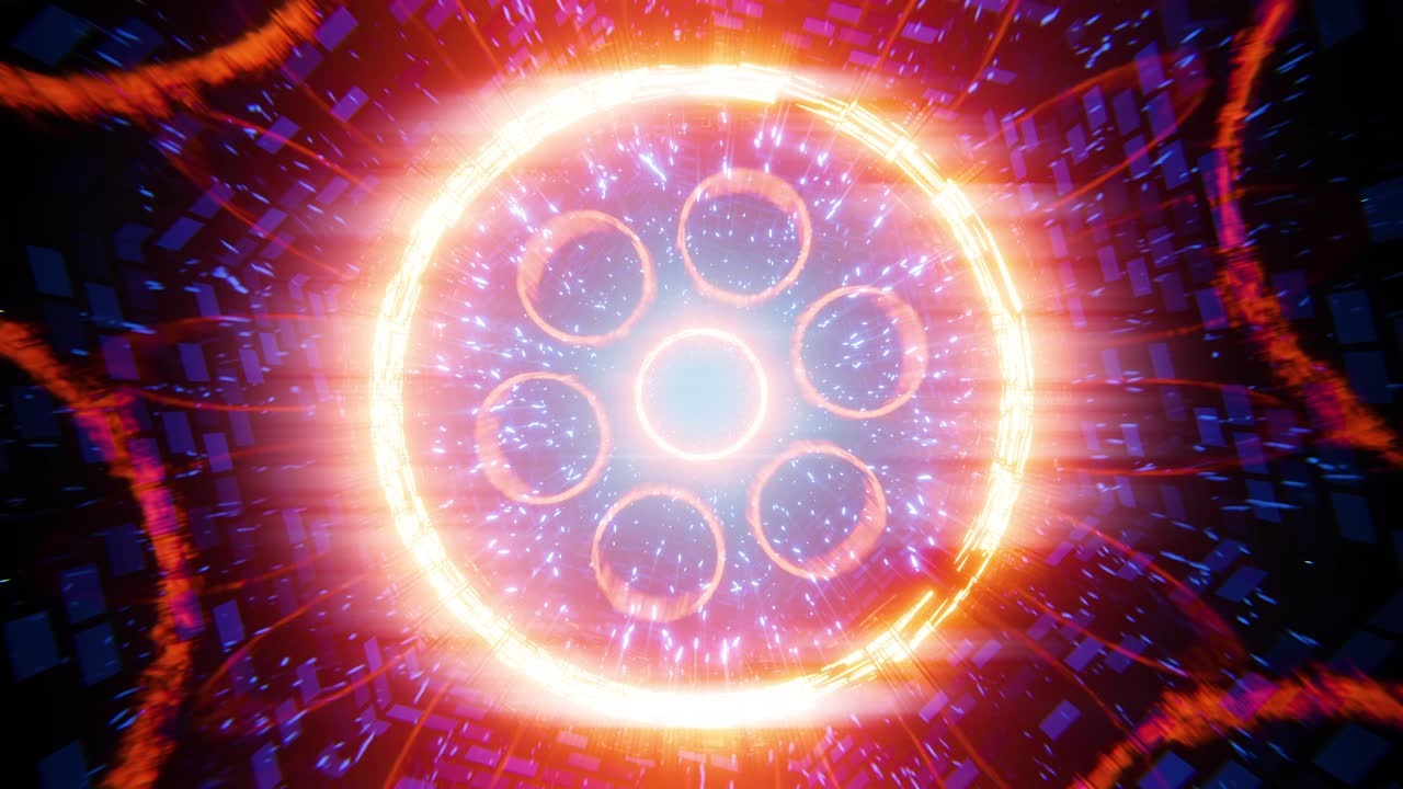 volando en un túnel a través de anillos relucientes. animación en bucle infinito