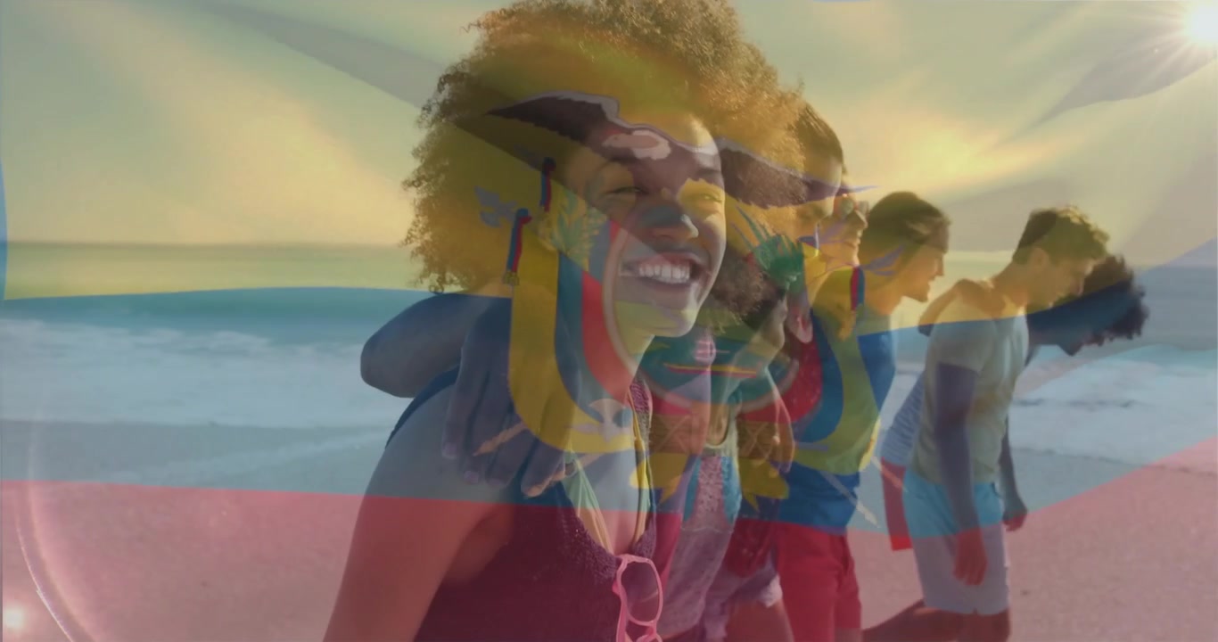 Grupo de 4 adultos caminhando pela costa, câmera acompanhando vista em expansão enquanto sobreposição de bandeira de viagem desaparece.