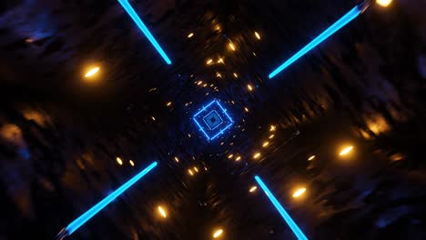 volando en un túnel con luces fluorescentes azules intermitentes, animación en bucle infinito.
